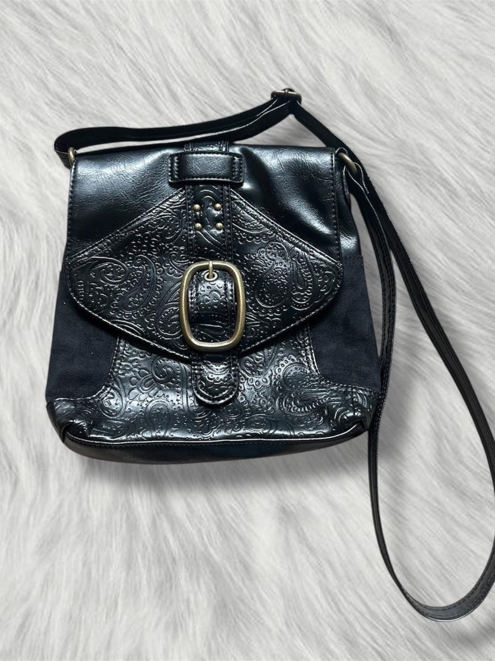 Black Nine West Embossed Crossbody Bag with Buckle Accent